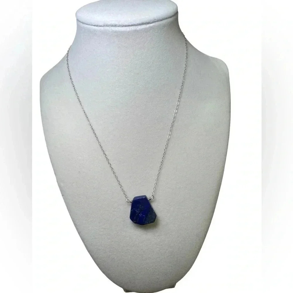 8” Natural Lapis Lazuli Pendant Necklace, Gemstone Necklace - sterling silver